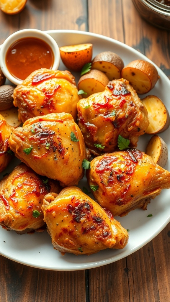 Crispy air fryer chicken thighs served with roasted vegetables on a rustic table.